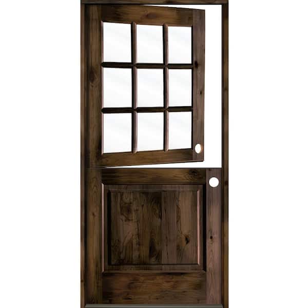 Krosswood Doors 32 in. x 80 in. Farmhouse Knotty Alder Left-Hand/Inswing 9 Lite Clear Glass Black Stain Dutch Wood Prehung Front Door