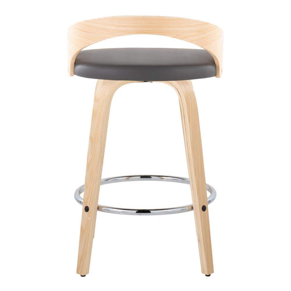 Natural Wood and Chrome Swivel Counter Stool with Grey Seat
