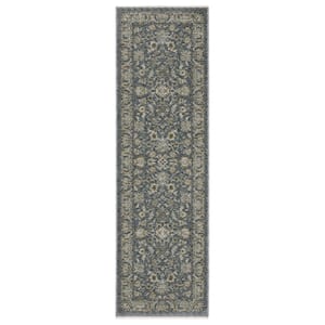 Ambrose Blue/Beige 2 ft. x 8 ft. Traditional Persian Floral Polyester Fringe Edge Indoor Runner Area Rug