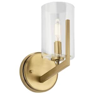 Nye 1-Light Brushed Natural Brass Bathroom Indoor Wall Sconce Light with Clear Glass Shade