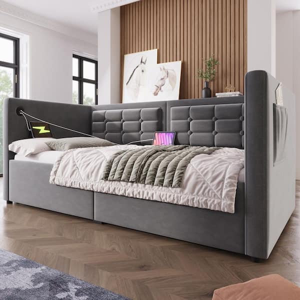 Homer Gray Velvet Upholstered Twin Size Daybed with Charging Station Hydraulic Storage Tufted Back