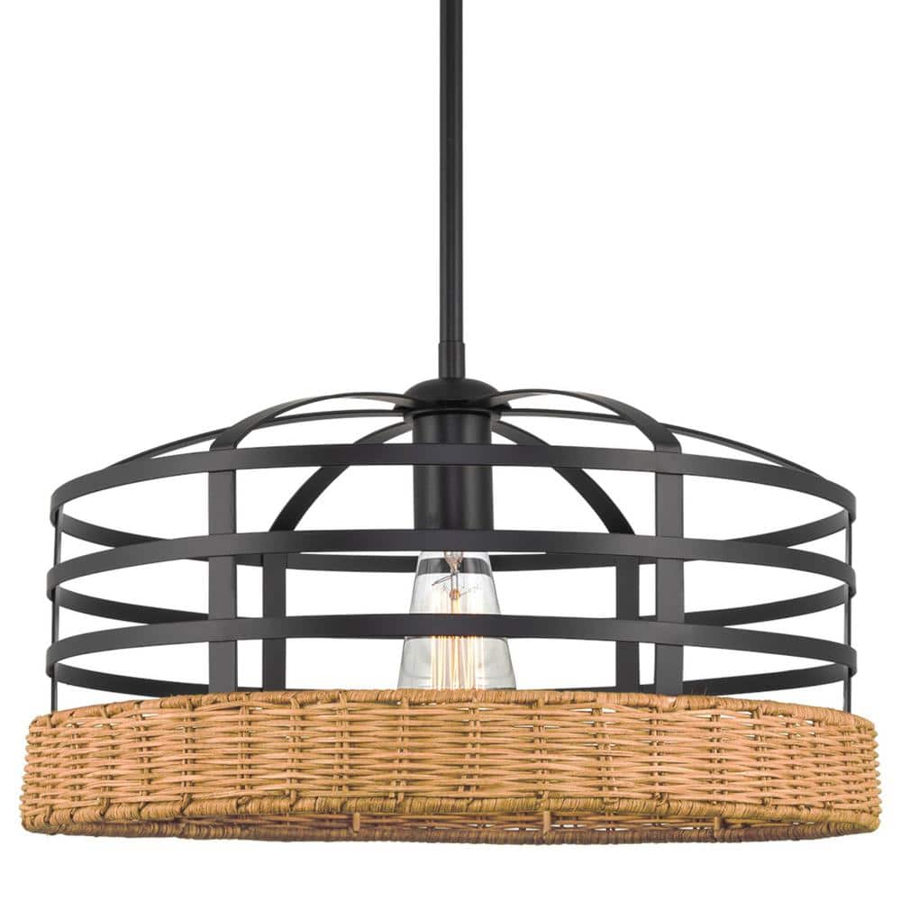 Thatcher Black Metal and Wicker Cage Pendant Light
