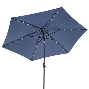 9 ft. Round 6-Rib Steel Solar Lighted Market Umbrella- Navy Blue