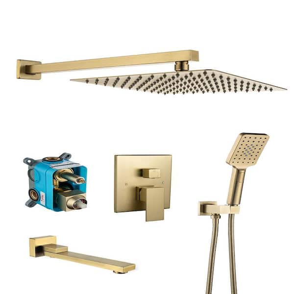 Flynama 3-Spray Patterns 2.2 GPM 10 in. Wall Mount Rain SDual Shower Heads with Tub Faucet in Brushed Gold