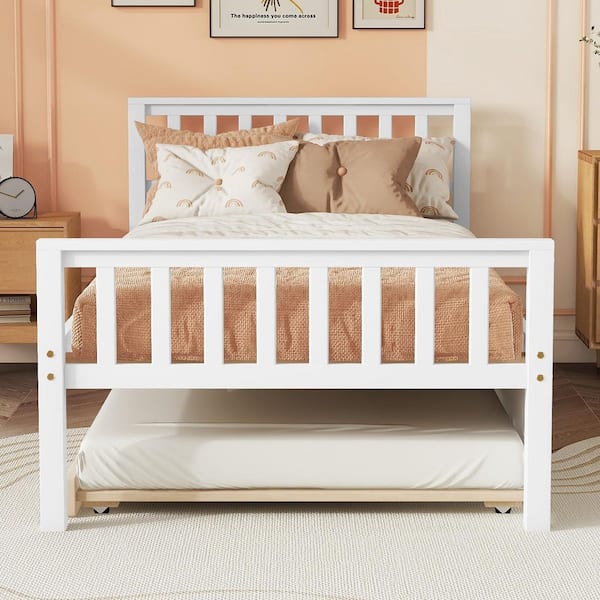 White Pine Frame Twin Platform Bed with Trundle for Bedroom and Living Space