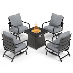 4 Seat 5-Piece Metal Outdoor Fire Pit Patio Set with Gray Cushions, Rocking Chairs and Square Fire Pit Table