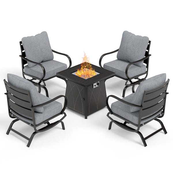 PHI VILLA 4 Seat 5-Piece Metal Outdoor Fire Pit Patio Set with Gray Cushions, Rocking Chairs and Square Fire Pit Table