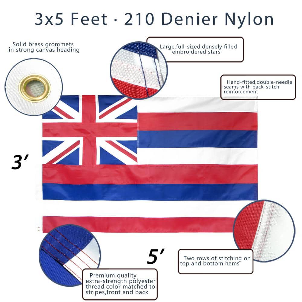 EverStrong Nylon Embroidered Hawaii State Flag with Brass Grommets 3x5 Ft