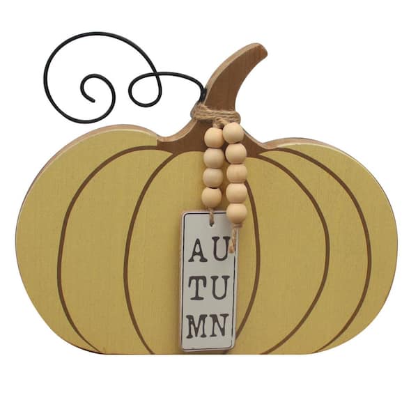 8.6 in. Yellow Wood Autumn Harvest Pumpkin Wood Tabletop Decor
