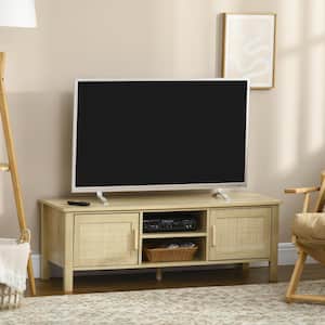 Natural Wood Boho TV Stand for 60 in. Television, Entertainment Center with Adjustable Shelf, and Storage Cabinets