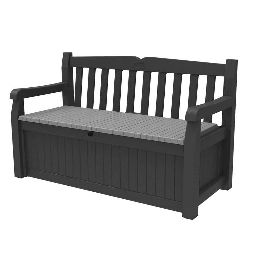 70 Gal. Black Plastic Outdoor Bench with Back and Armrest, Storage Bench De