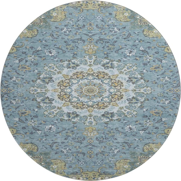 Mayfield Premium Machine Washable Abstract AMF2489 Teal 8 ft. x 8 ft. Round Rug
