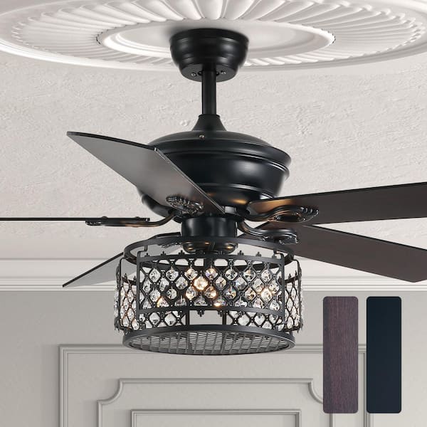 ANTOINE 50 in. Indoor Crystal Black Ceiling Fan with 3 Lights and Remote Control, Chandelier Fan with Reversible Fan Motor