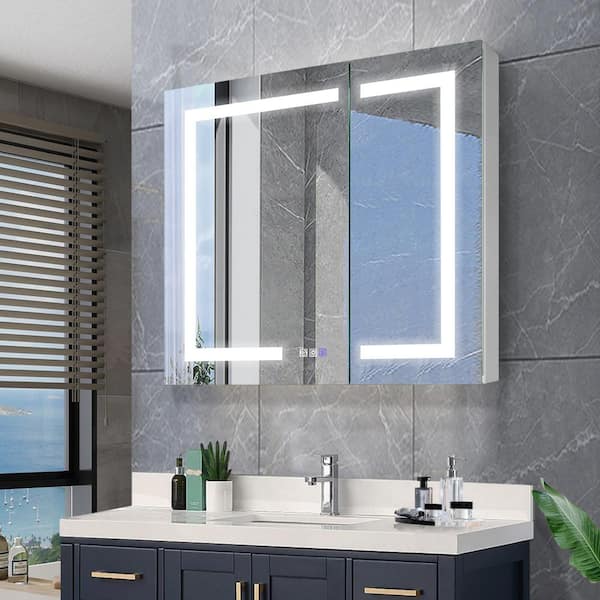 AZDHOME 32 in. W x 30 in. H Silver Aluminum Rectangular Recessed/Surface Mount LED Medicine Cabinet with Mirror and Dimming