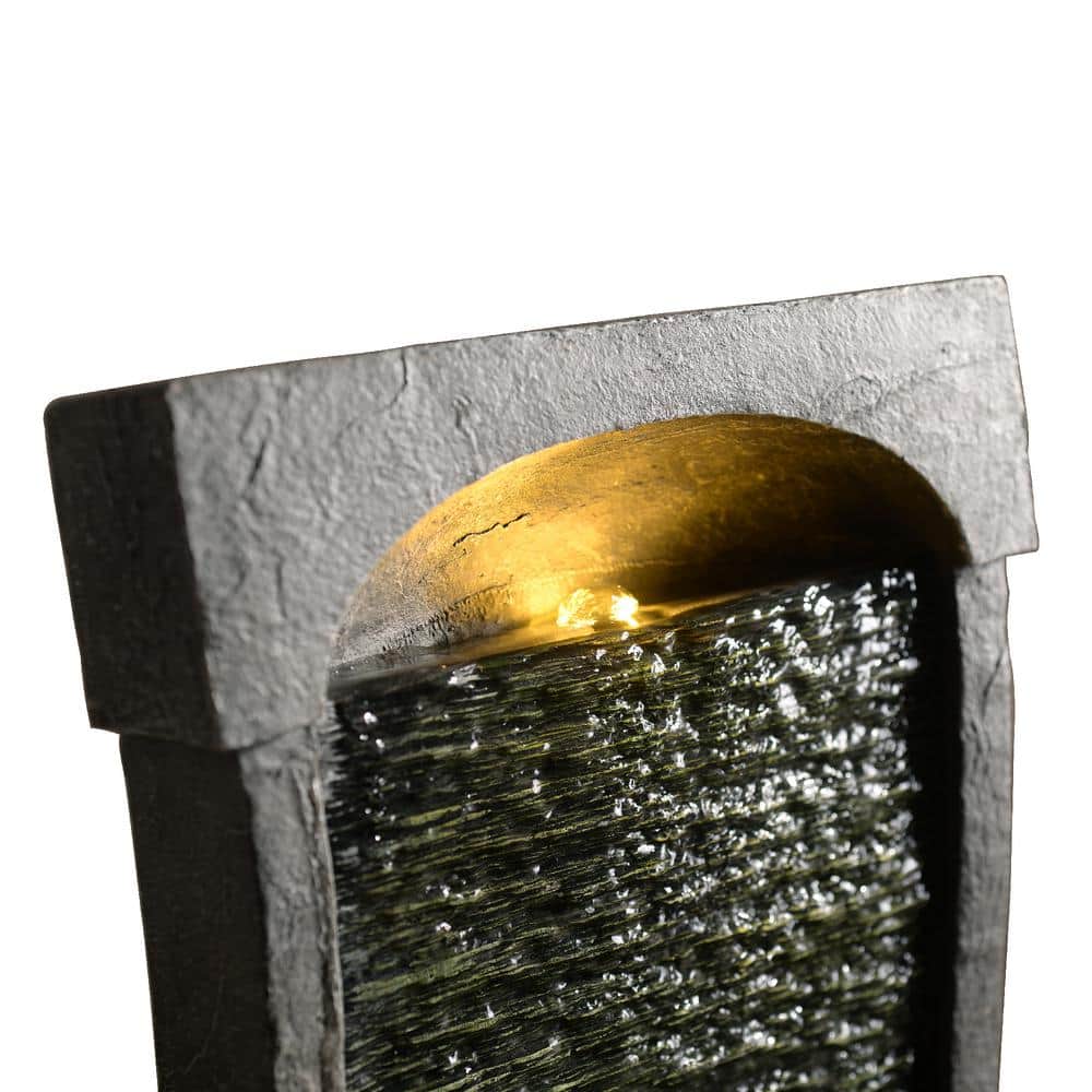 Modern Curved Black and Gray Slate Waterfall Fountain with LED Lights