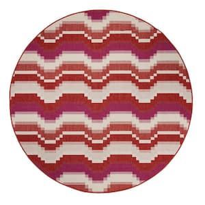 Pianta Collection Red 7'10" x 7'10" Round Residential Indoor-Outdoor Area Rug