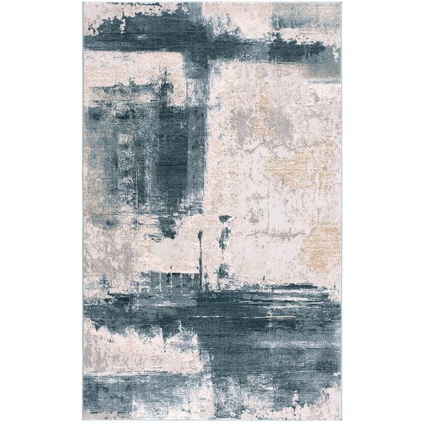 Silvia Cream Blue 2 ft. 2 in. x 4 ft. Modern Abstract Doormat Area Rug Entrance Floor Mat