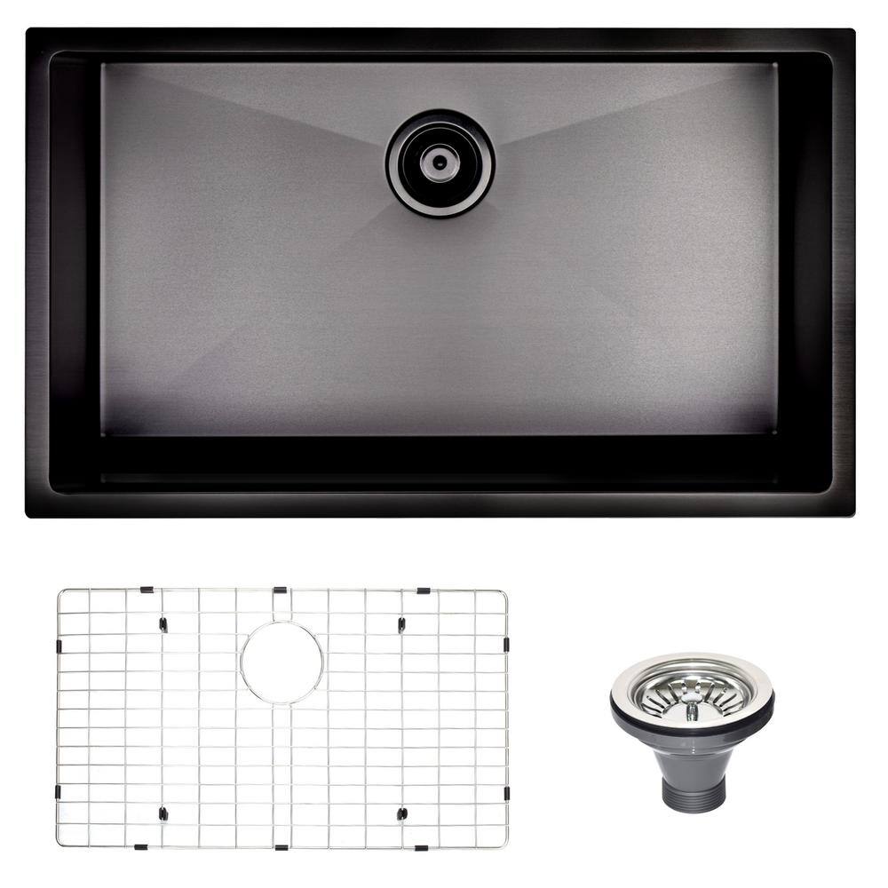 Black Stainless Steel Single Bowl Undermount Kitchen Sink with Grid and Strainer