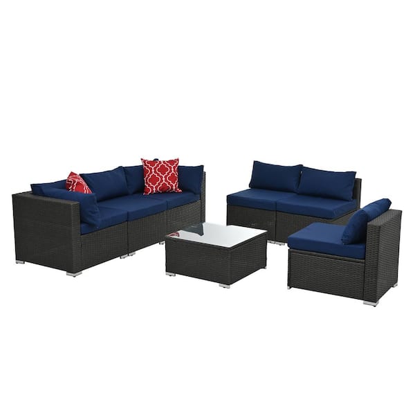 Tenleaf 7-Piece Dark Gray Wicker Patio Conversation Set with Blue Cushions, Tempered Glass Coffee Table