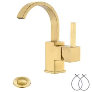 Single Handle Single Hole Bathroom Faucet, Waterfall 1 or 3 Hole RV Bathroom Faucet, with Deck Plate Brushed Gold