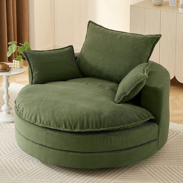 Helora Modern Green Corduroy Fabric Upholstery Swivel Round Sofa Chair Accent Barrel Arm Chair with Pillows