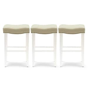 Jameson 29 in. Bar Height Antique White Wood Backless Nail Head Trim Barstool with Beige Linen Saddle Seat (Set of 3)