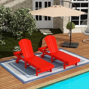 Laguna 2-Piece Fade Resistant HDPE Plastic Adjustable Outdoor Adirondack Chaise Loungers with Wheels in Red