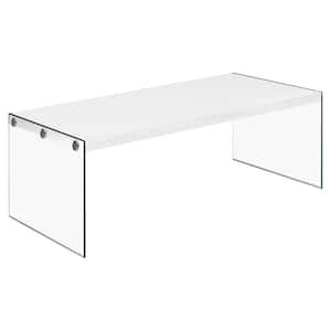 44 in. Glossy White/Clear Large Rectangle Wood Coffee Table with Tempered Glass