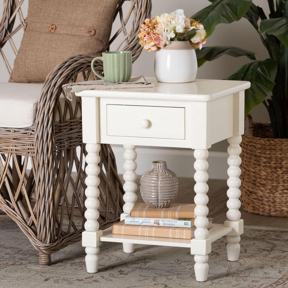 Raynera 17.7 in. White Rectangle Wood End Table with Drawer