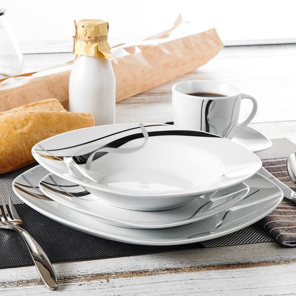 VEWEET, Series Fiona, 30-Piece Dinnerware Sets for 6, White Dishes Set with  Black and Gray Stripes, Porcelain Dinner Set Including Dessert Plates