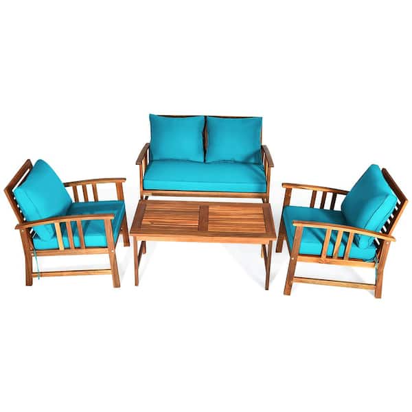 Costway 4-Piece Wood Wicker Patio Conversation Set with Turquoise Cushion