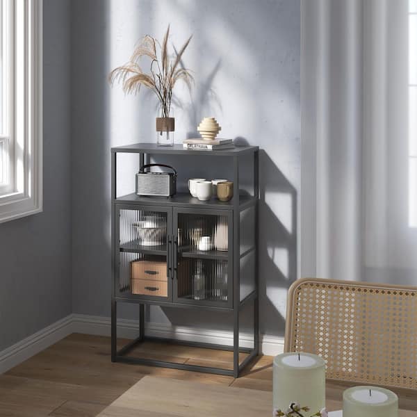 Glamour Home Benvolio 41.34 in. Tall Black Steel 3-Shelf 2-Door Storage Cabinet Bookcase with Fluted Doors and Cabinet Display