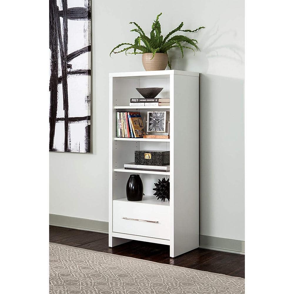 White Adjustable Media Storage Tower with Drawer