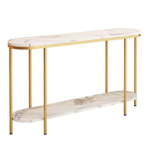 42.13 in. White and Golden Oval MDF Console Table with Shelf