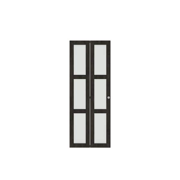 30 in x 80 in, Gray Brown, MDF & Water-Proof PVC Covering, Three Frosted Glass Panel Bi-Fold Interior Door for Closet
