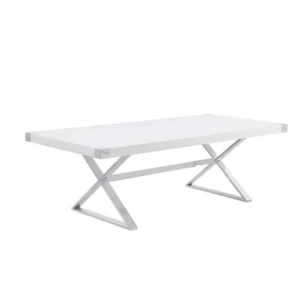 Best Quality Furniture Miguel White Wood 94 in. Cross Legs Silver Stainless Steel Base Dining Table Seats 8.