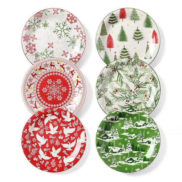 10 in. Christmas Red and Green Stackable Ceramic Dinner Serving Plates Set for Holiday Decor (Set of 6)