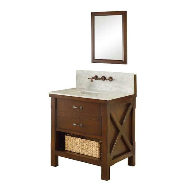 Direct vanity sink Xtraordinary Spa Premium 32 in. Vanity in Dark Brown with Marble Vanity Top in Carrara White and Matching Mirror