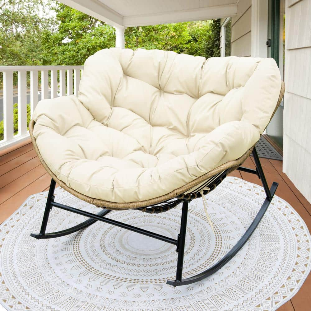 NICESOUL Oversized Beige PE Wicker Outdoor Rocking Chair Papasan Chair with Beige Cushion HD RC BE NRT 1036 The Home Depot