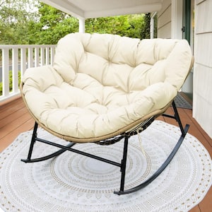 Oversized Beige PE Wicker Outdoor Rocking Chair Papasan Chair with Beige Cushion