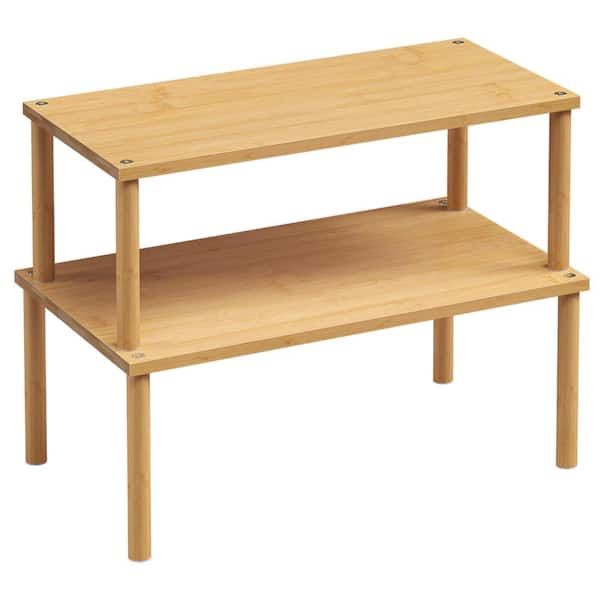 Stackable Bamboo Countertop Spice Rack Shelf Set of 2 with Round Bar Design for Kitchen Cabinet Storage