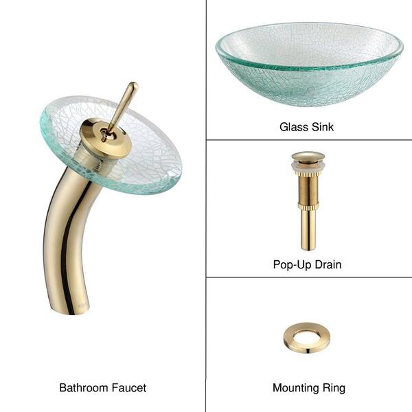 KRAUS Broken Glass Vessel Sink with Single Hole Single-Handle Low-Arc Waterfall Faucet in Gold