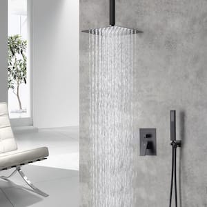 1-Spray Patterns with 10 in. Ceiling Mount Dual Shower Heads with Hand Shower Faucet, in Black (Valve Included)