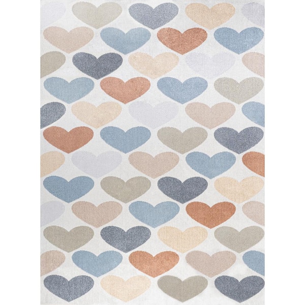 Dila Modern Hearts Geometric Machine-Washable Ivory/Blue/Orange 4 ft. x 6 ft. Area Rug