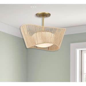 Key Largo 16 in. 1-Light Soft Brass Semi-Flush Mount with Etched Opal Glass and Natural Rope Shade