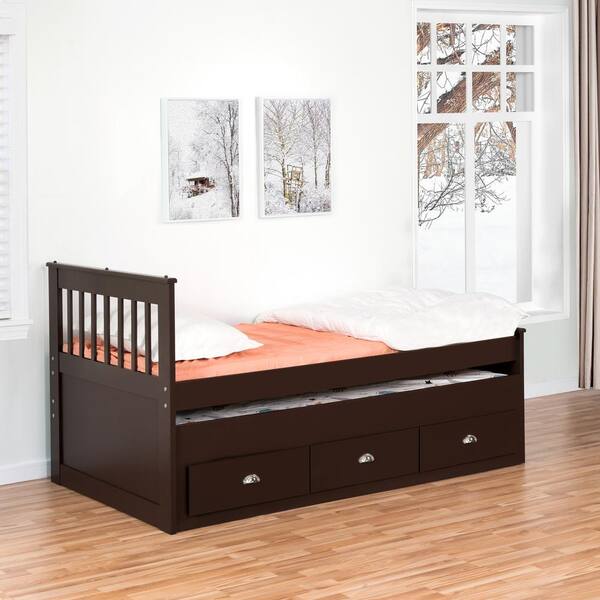 HOMESTOCK Espresso Twin Size Captain's Bed with Pull Out Trundle 