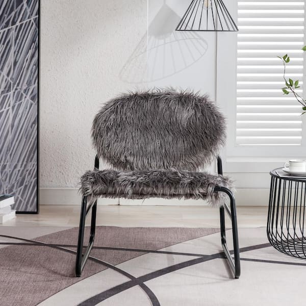 HOMEFUN Modern Industrial Gray Plush Slant Chair Industrial Accent Chair Set of 2