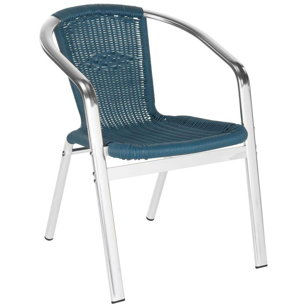 Teal Wicker and Aluminum Stackable Arm Chairs, Set of 2