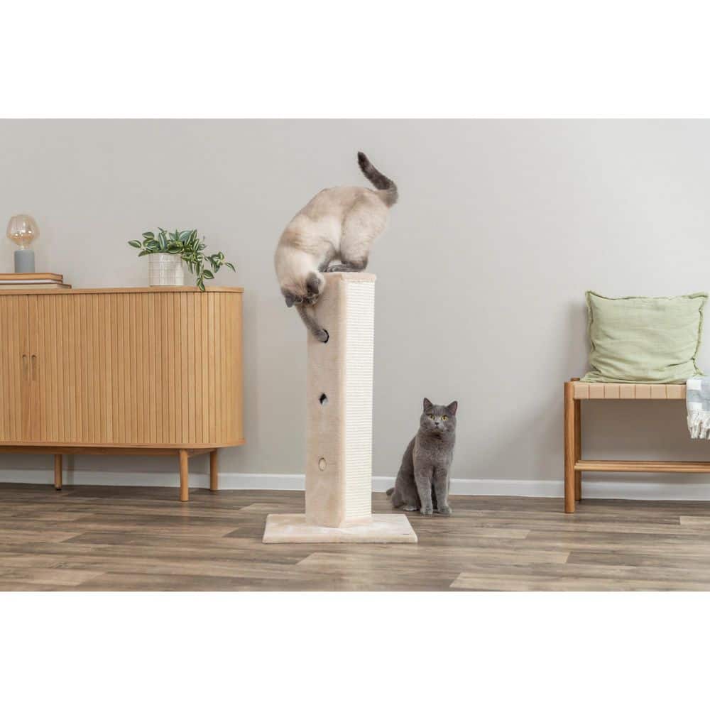 Beige Sisal and Plush Cat Scratching Post with Peek-a-Boo Toys