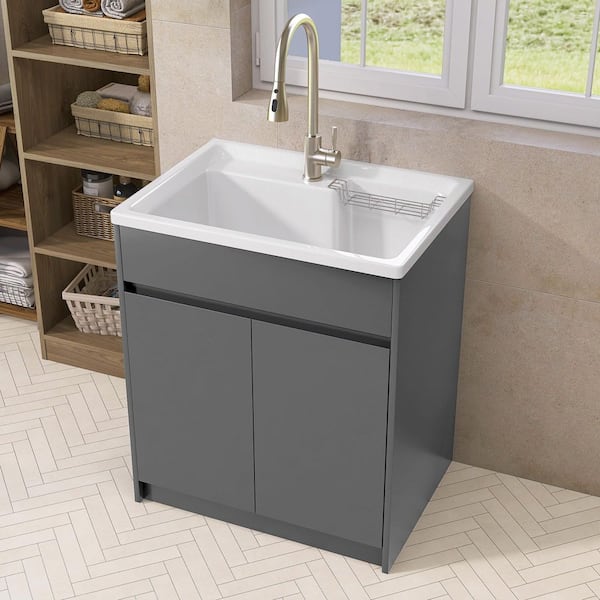 All-in-One 30 in. x 22 in. x 36 in. Freestanding Laundry Sink with Cabinet and Faucet in Gray Solid Surface Utility Sink